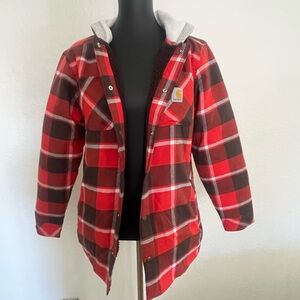 Carhartt red plaid flannel sherpa-lined hooded shirt jacket